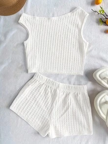 SHEIN 两件套少女休闲度假家居服：针织不对称肩部上衣和修身短裤，适合派对、海滩、邮轮、节日、夏季等场合，白色 - 白色 - 查看 2