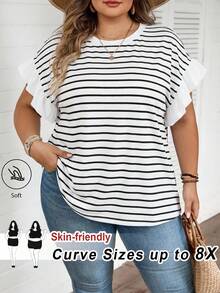 SHEIN CURVE+ 大码女式新款度假休闲通勤工作条纹拼接荷叶边短袖T恤 - 黑與白 - 查看 2