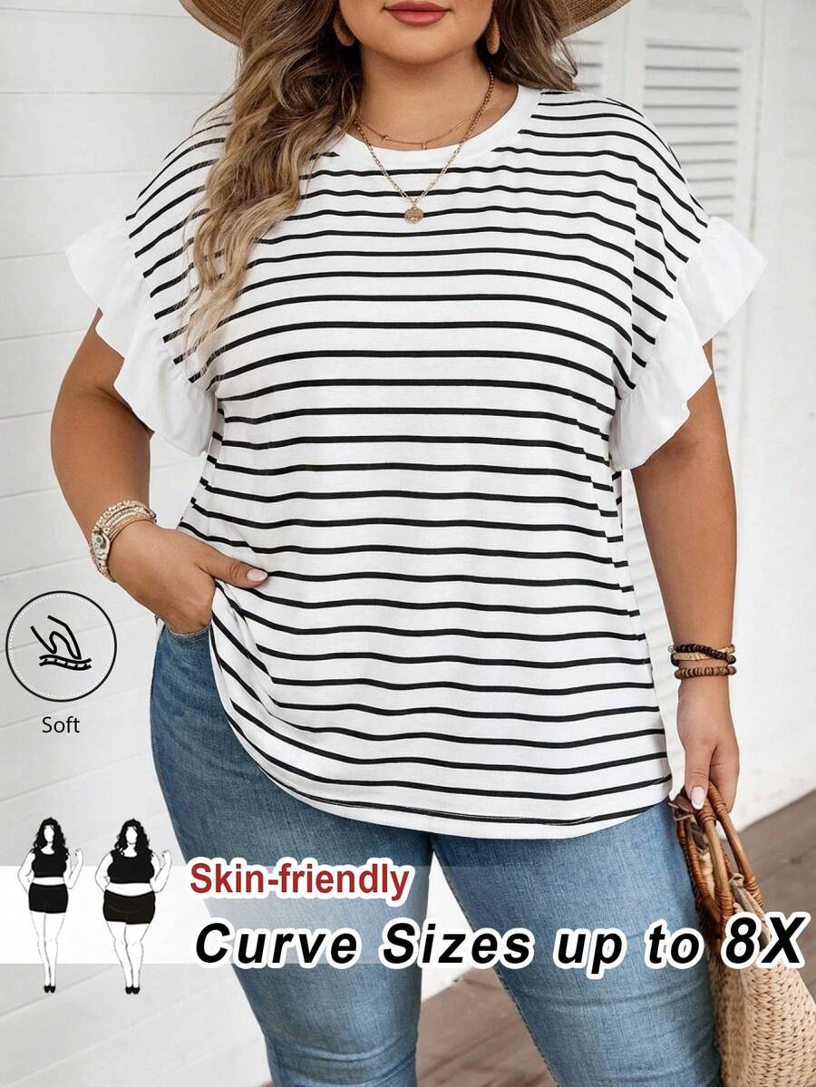 SHEIN CURVE+ 大码女式新款度假休闲通勤工作条纹拼接荷叶边短袖T恤