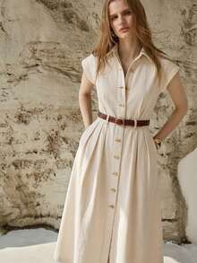 PREMIUM WOMEN'S SPRING/SUMMER CASUAL COMMUTING CAP SLEEVE SLANT POCKET PLEATED DENIM DRESS, BELT NOT INCLUDED - White - View 7
