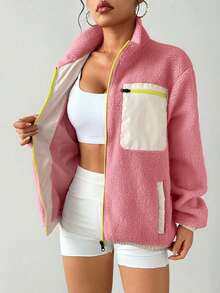 Exploreva Women's Casual Everyday Zip-Up Stand Collar Drop Shoulder Sports Jacket - Baby Pink - View 4