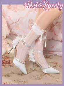 Dola Lovely Giày cao gót mũi nhọn bằng satin màu xanh nhạt đính ngọc trai dành cho nữ, có quai lưới, kiểu dáng thanh lịch. - Màu xanh nhạt - Xem 4