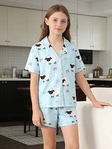 Girls' Light Blue Summer Cute Sleep Pajama Set - Multicolor - View 5