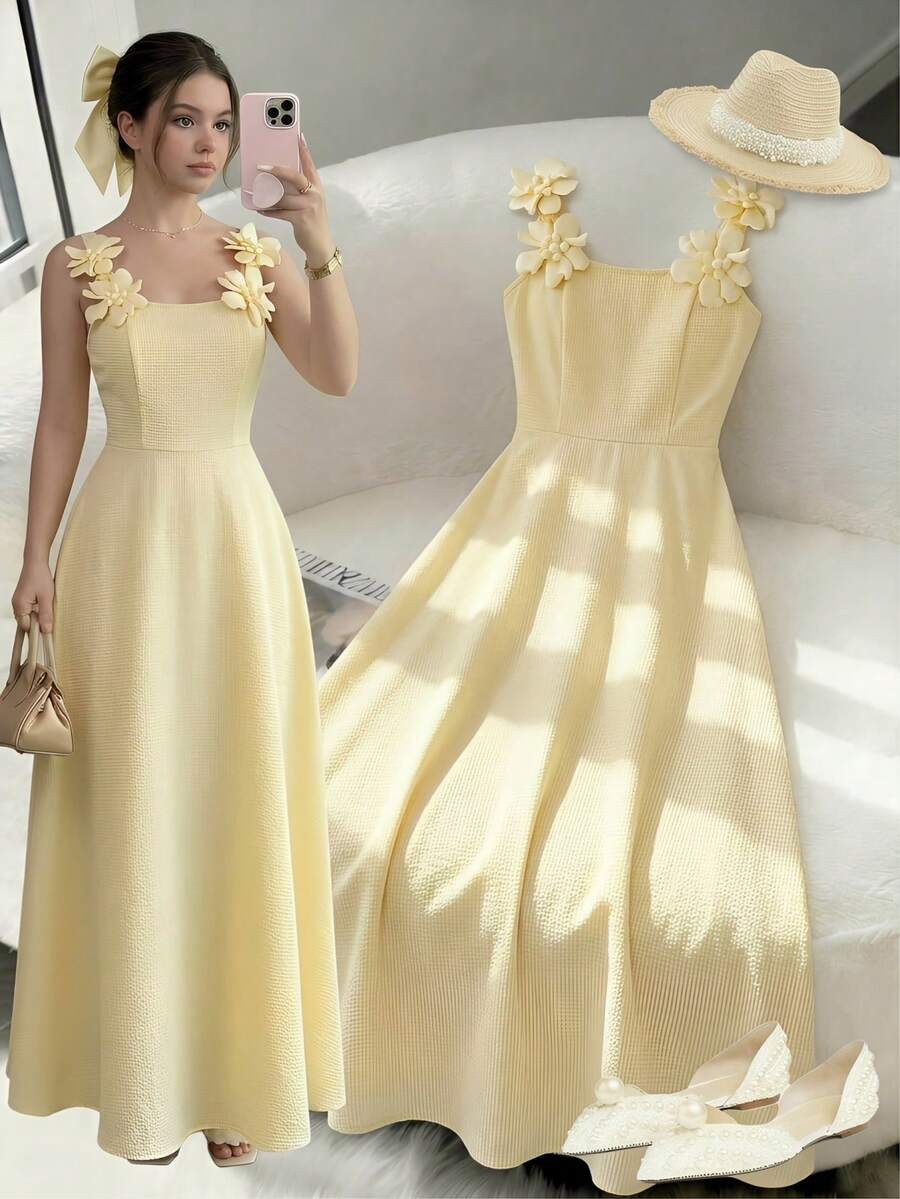 SHEIN 这是一款休闲纯色A字连衣裙,适合青少年女孩穿着。它采用收腰设计,肩部饰有立体花朵装饰,并且没有袖子。这是一款时尚连衣裙,非常适合女士穿着。 - 黃色 - 查看 1