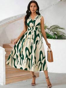 SHEIN Lady Gaun Wanita Bergaya Liburan dengan Motif Cetak Seluruh Permukaan dan Detail Kerut, Cocok untuk Bepergian, Gaun Musim Panas untuk Wanita - MultiWarna - View 6