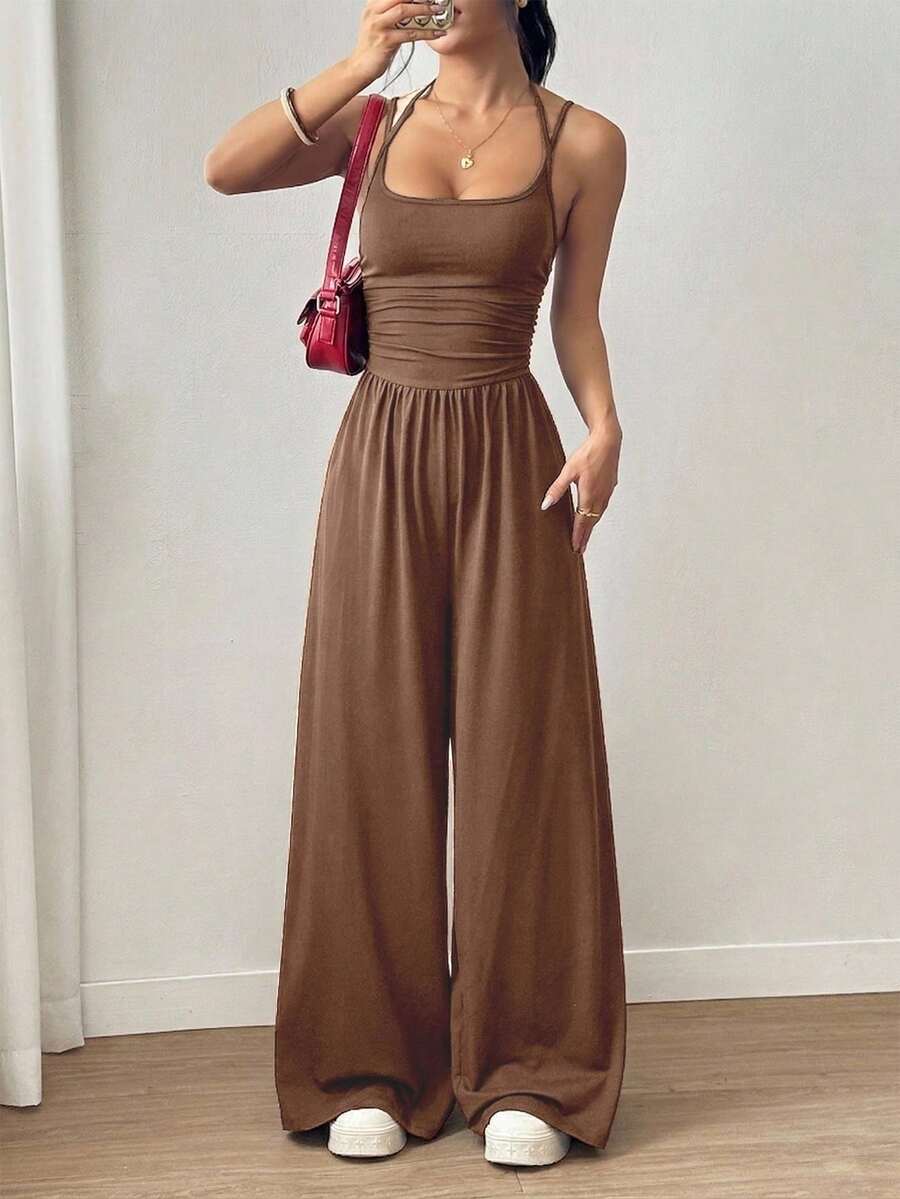 SHEIN Tall Women's Casual Pleated Loose Straight Leg Jumpsuit, Spring/Summer - Khaki - View 1