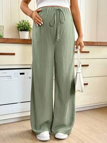 SHEIN Maternity Solid Color Adjustable Waist Pocket Casual Versatile Loose Pants For Daily Wear - Green - View 5