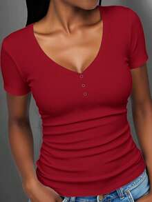 Slaydiva Plus Size Women's Solid Color V-Neck Short Sleeve Casual Ribbed T-Shirt - Red - View 5