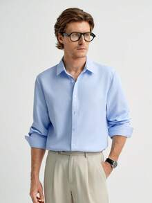 MENRIVO Solid Color Front Button Long Sleeve Shirt, For Fall - Baby Blue - View 3