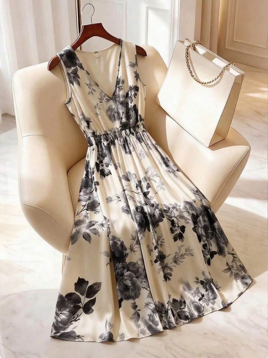 GlowEve CURVE Đầm chữ A không tay, eo chun, cổ chữ V, in hoa, dáng thanh lịch và thời trang, cỡ lớn, thích hợp cho mùa xuân và mùa hè. - màu đen - Xem 1