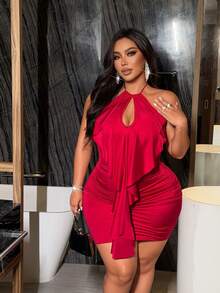 NU&NOW Plus Size Red Sexy Hollow Out Ruffle Hem Dress For Women Ruffle Detail Dress Party Mini Dress For Women Sexy Red Dress - Red - View 5