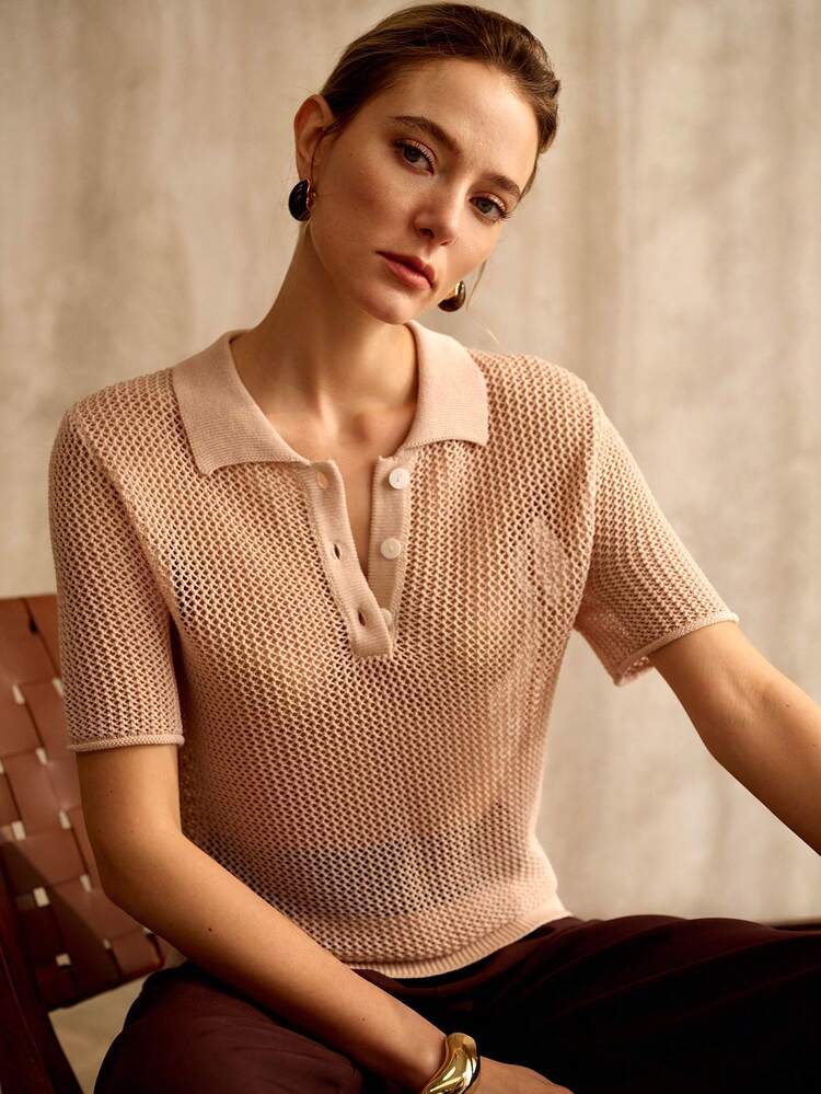 WOMEN'S SPRING/SUMMER POLO COLLAR KNIT SHORT SLEEVE T-SHIRT