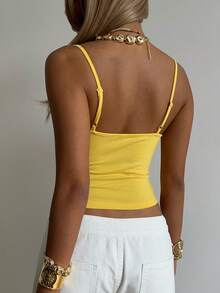 SHEIN EZwear 夏季綠黃針織印花細肩帶背心女款 巴西風上衣套裝 波多黎各度假 2件組 日常街頭穿搭 Y2K - 鵝黃色 - 查看 3
