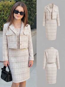 SHEIN Bộ đồ 2 món thanh lịch dành cho bé gái, gồm áo khoác ngắn bằng vải tweed và váy ôm không tay, trang phục thời trang cho mùa xuân và mùa thu. - Cà phê nâu - Xem 1