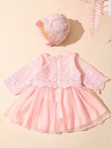SHEIN 淺粉色夏季女嬰洗禮禮服 新生兒蕾絲公主洋裝附配套帽子 基督洗禮套裝 拍照攝影服裝 重生娃娃裝 - 粉色 - 查看 2