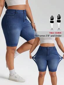 SHEIN PETITE CURVE Plus Size Women's High Waist Dark Blue Denim Bermuda Shorts, Casual Summer Vacation Outfits Four-Way Stretch Fabric Plus Size Slim Fit Casual Summer Versatile Daily Wear Blue Denim Shorts Jorts - Dark Wash - View 1