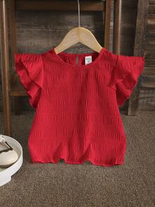 SHEIN LMoss Kids 女童纯色圆领荷叶边休闲衬衫 - 紅色 - View 7