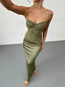 Firerie Bộ đồ nữ thanh lịch, ren satin, màu xanh bạc hà, thích hợp mặc thường ngày/Trang phục dự tiệc/Trang phục ngày Valentine/Bộ váy áo/Trang phục hẹn hò lãng mạn - màu xanh lá - Xem 4