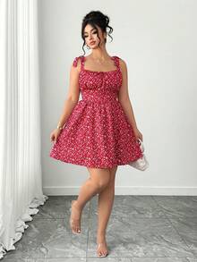 Elenzga Plus Size Women's Summer Date/Vacation French Style Elegant Ditsy Floral Twist Shoulder Cinched Waist Cami Dress - Multicolor - View 6