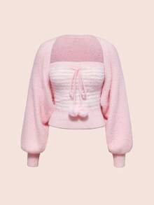 ROMWE Kawaii Bộ áo ống sọc hồng dễ thương cỡ lớn và áo khoác cardigan dài tay - Hồng - Xem 1