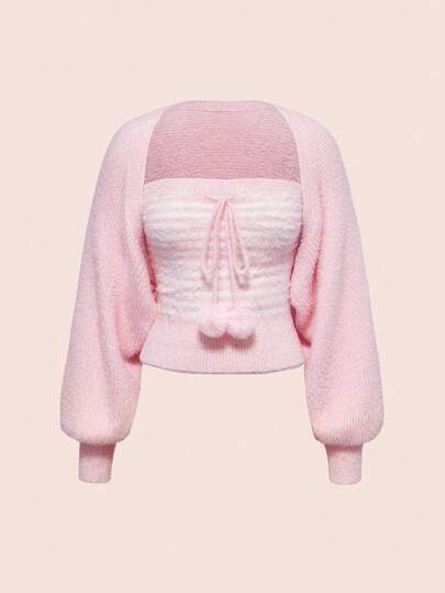 ROMWE Kawaii Plus Size Soft & Cozy Pink Striped Cute Tube Top & Long Sleeve Cardigan Set