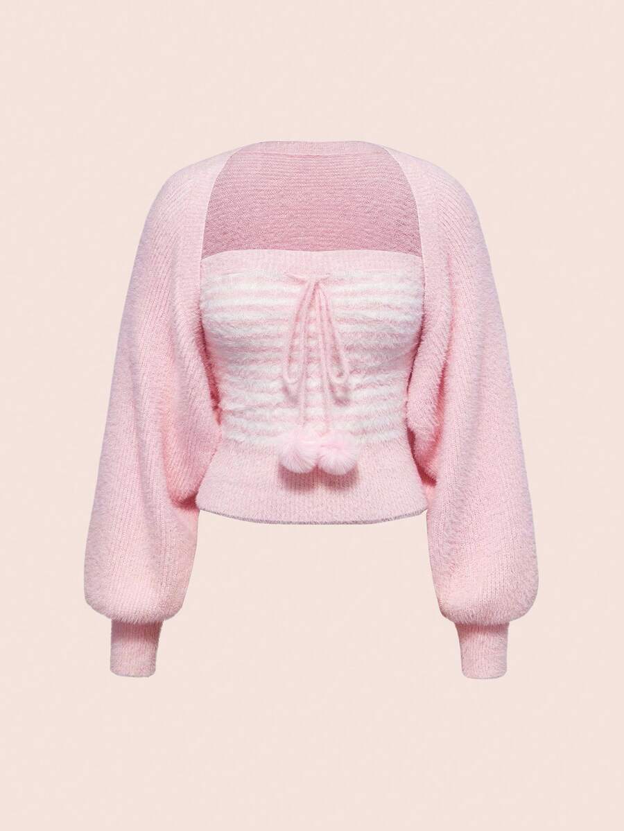 ROMWE Kawaii Bộ áo ống sọc hồng dễ thương cỡ lớn và áo khoác cardigan dài tay - Hồng - Xem 1