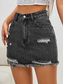 SHEIN ICON 女士夏季做旧毛边不对称口袋牛仔裙裤 - 灰色 - 查看 5