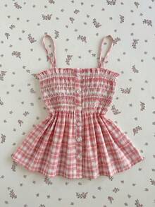 Elamini Áo hai dây crop top xếp ly kẻ caro mùa hè cho nữ, phong cách thường ngày thoải mái. Trang phục mùa hè cho nữ, áo nữ mùa hè dễ thương, áo kẻ caro. - Hồng - Xem 5