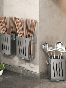 1pc Multi-Function Kitchen Chopstick Holder Organizer Wall Mounted Chopstick Drainer Rack Household Kitchen Utensil Storage Rack Home Organization Supplies Kitchen Accessories Space Saving Rustproof Stainless Steel Quick Drying Ventilated Countertop Or Wall Mount Self Adhesive Or Drilling Installation Large Capacity Multi Purpose For Spoons Forks Ladles Cooking Utensils - Grey - View 5