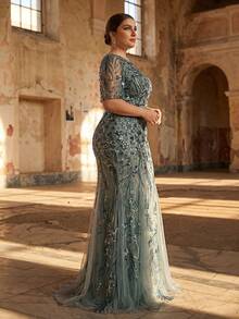 Serin Plus Size Elegant Romantic Mint Green Round Neck Mid-Sleeve Sheer Sequin Mesh Patchwork Formal Evening Dress For Mothers Dresses For Special Occasions Teal Luxury Evening Prom Luxury Evening Evening For Women Luxury Evening Luxury Evening Gown Evening Dresses Plus Size Luxury Dresses For Women Elegant Gowns - Green - View 7