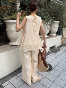 FRIFUL 女士夏季休闲纯色宽松无袖上衣和裤子两件套家居服套装 - 杏色 - 查看 7