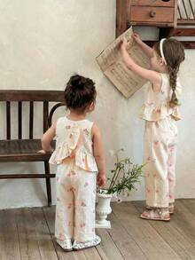 LMoss Kids Conjunto informal de camisa con volantes de cuadros trenzados y pantalones anchos de pierna ancha trenzados para niña bebé - Multicolor - Ver 3