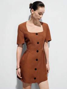 Aveloria Modichic Vestido de cuello cuadrado con cintura ceñida en color rojo ladrillo, con delicada confección fruncida, de estilo retro elegante y versátil, adecuado para citas, trabajo, salidas casuales, picnics - Naranja Quemada - Ver 1