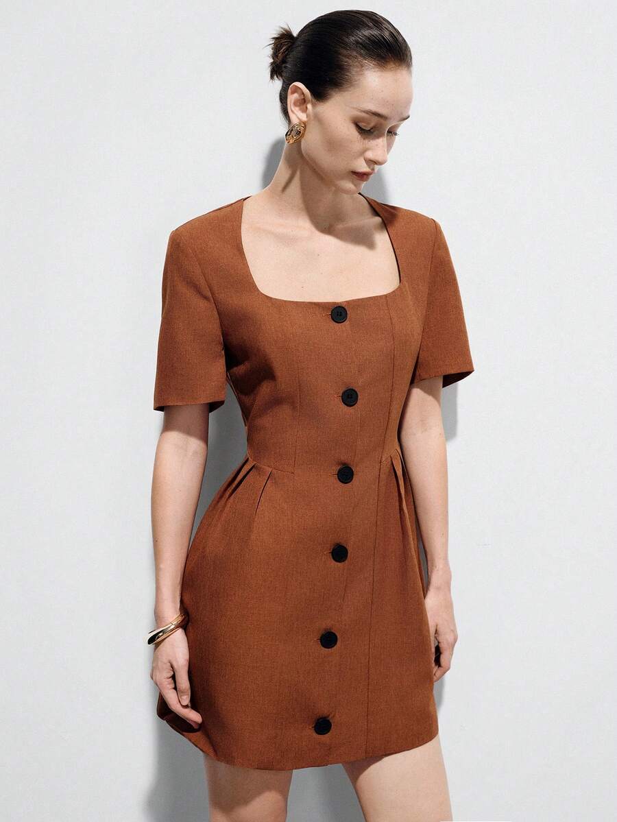 Aveloria Modichic Vestido de cuello cuadrado con cintura ceñida en color rojo ladrillo, con delicada confección fruncida, de estilo retro elegante y versátil, adecuado para citas, trabajo, salidas casuales, picnics - Naranja Quemada - Ver 1