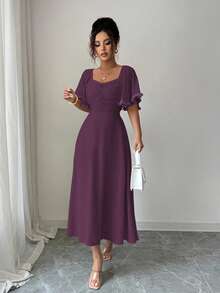 Modelyn Women's Solid Butter Yellow Chiffon Ruffle Sleeve Design Summer French Style Vacation Dress - Purple - View 5