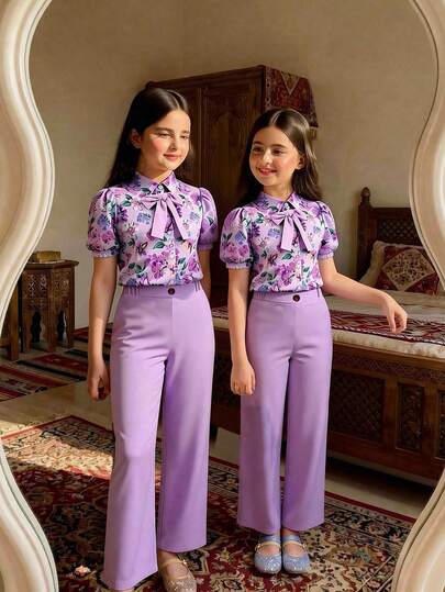 Elladie kids Conjunto de blusa de manga corta con estampado floral y pantalones de unicolor para niña preadolescente