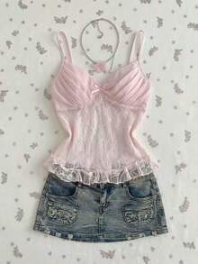 Elamini 女士优雅纯色撞色蕾丝吊带背心，夏季必备 - 粉色 - 查看 7