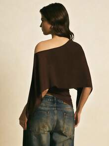 Blusa de moda con diseño asimétrico de hombros en unicolor para mujer - Marrón - Ver 2