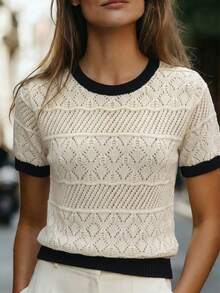 Franclia Women's Contrast Trim Hollow Out Short Sleeve Knit Top - Apricot - View 5