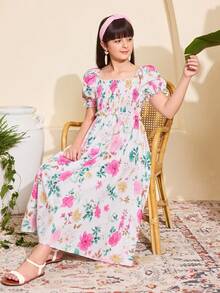 SHEIN Đầm maxi tay phồng in hoa, thắt eo, dành cho bé gái tuổi teen, ngọt ngào và thanh lịch, thích hợp cho kỳ nghỉ và mặc thường ngày, mùa xuân/hè. - Nhiều màu - Xem 7