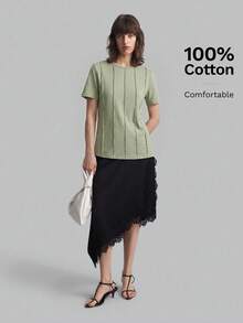 Ontre Áo thun nữ tay ngắn cổ tròn 2026SS, áo thun cơ bản công sở thanh lịch, áo kiểu dự tiệc cưới, áo thun thường ngày mùa xuân. - màu xanh lá - Xem 6