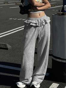 DAZY Pantaloni casual da donna in colore unito, con pieghe morbide, adatti per la primavera - Grigio - Visualizzare 3