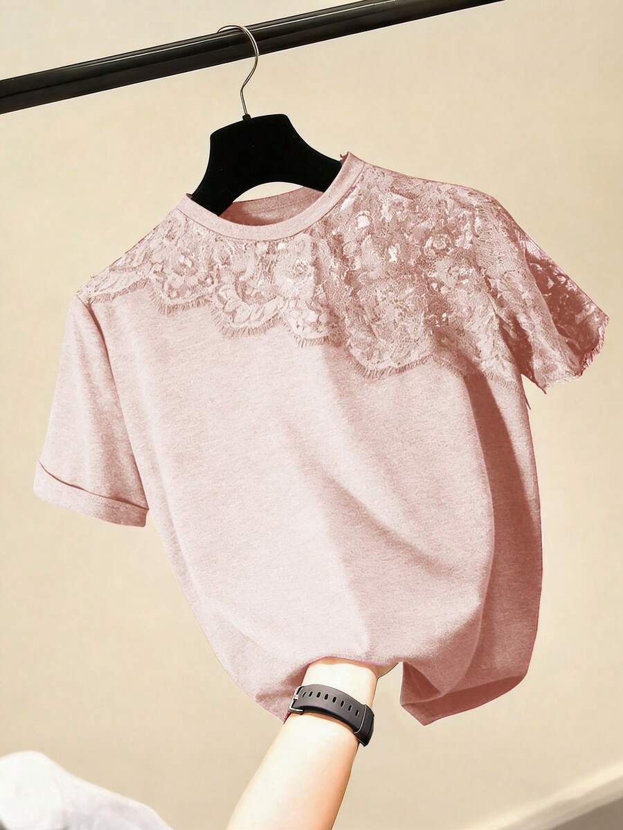 SHEIN Clasi Áo thun nữ cổ tròn tay ngắn phối ren kiểu dáng thường ngày - Đỏ - Xem 1