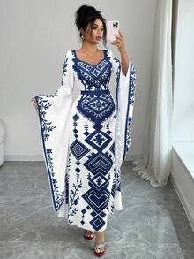 Elenzga Đầm nữ thanh lịch, thời trang, thoải mái, quyến rũ, cổ điển tối giản, lãng mạn, tay dài, cổ chữ V, ôm eo, dáng chữ A, đuôi cá, in họa tiết. - Màu xanh lam - Xem 1