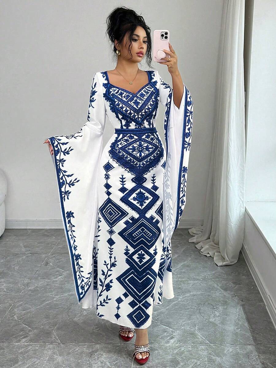 Elenzga Đầm nữ thanh lịch, thời trang, thoải mái, quyến rũ, cổ điển tối giản, lãng mạn, tay dài, cổ chữ V, ôm eo, dáng chữ A, đuôi cá, in họa tiết. - Màu xanh lam - Xem 1