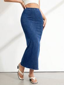 SHEIN Tall Women's Casual Versatile Date & Outing Denim Mini Skirt - Dark Wash - View 3