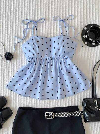 Comfortcana Áo tank top nữ kiểu dáng thường ngày, họa tiết chấm bi dệt, dây xoắn.