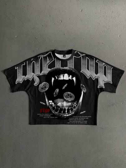 StoneGrade Gothic Style Vampire Teeth Print Cropped Loose Fit Short Sleeve T-Shirt, Fashion For Dates, Parties, Couples Gift For Boyfriend