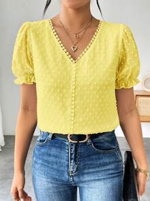 EMERY ROSE Blus Longgar Wanita Kasual Liburan Minimalis Warna Polos Leher V Lengan Kelopak - Kuning - View 4