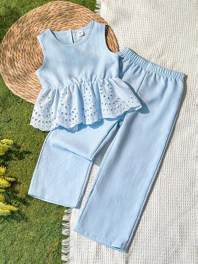 Vintaside Kids Conjunto de top de tirantes y pantalones largos con bordado vintage y calado para niñas, adecuado para uso diario, salidas y vacaciones, primavera/verano